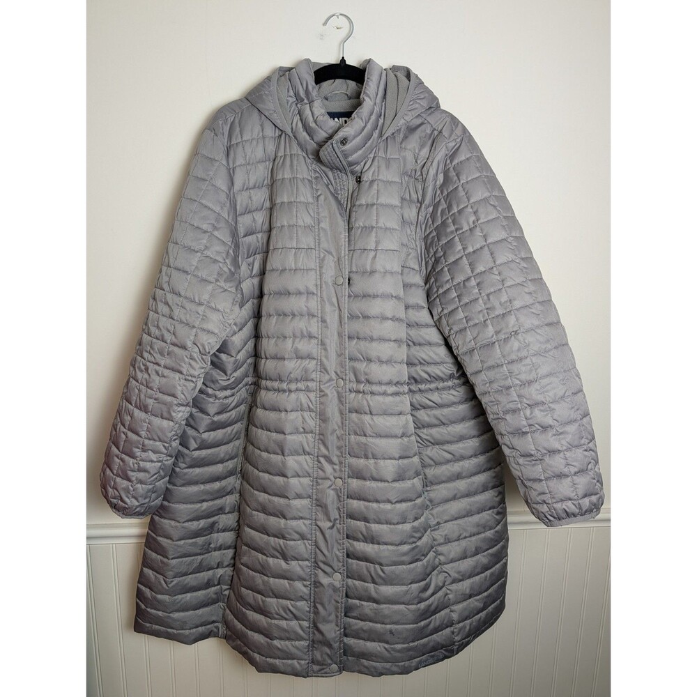 Lands End Coat Womens Sz 3X Gray Long Hooded Puffer Quilted Primaloft Jacket